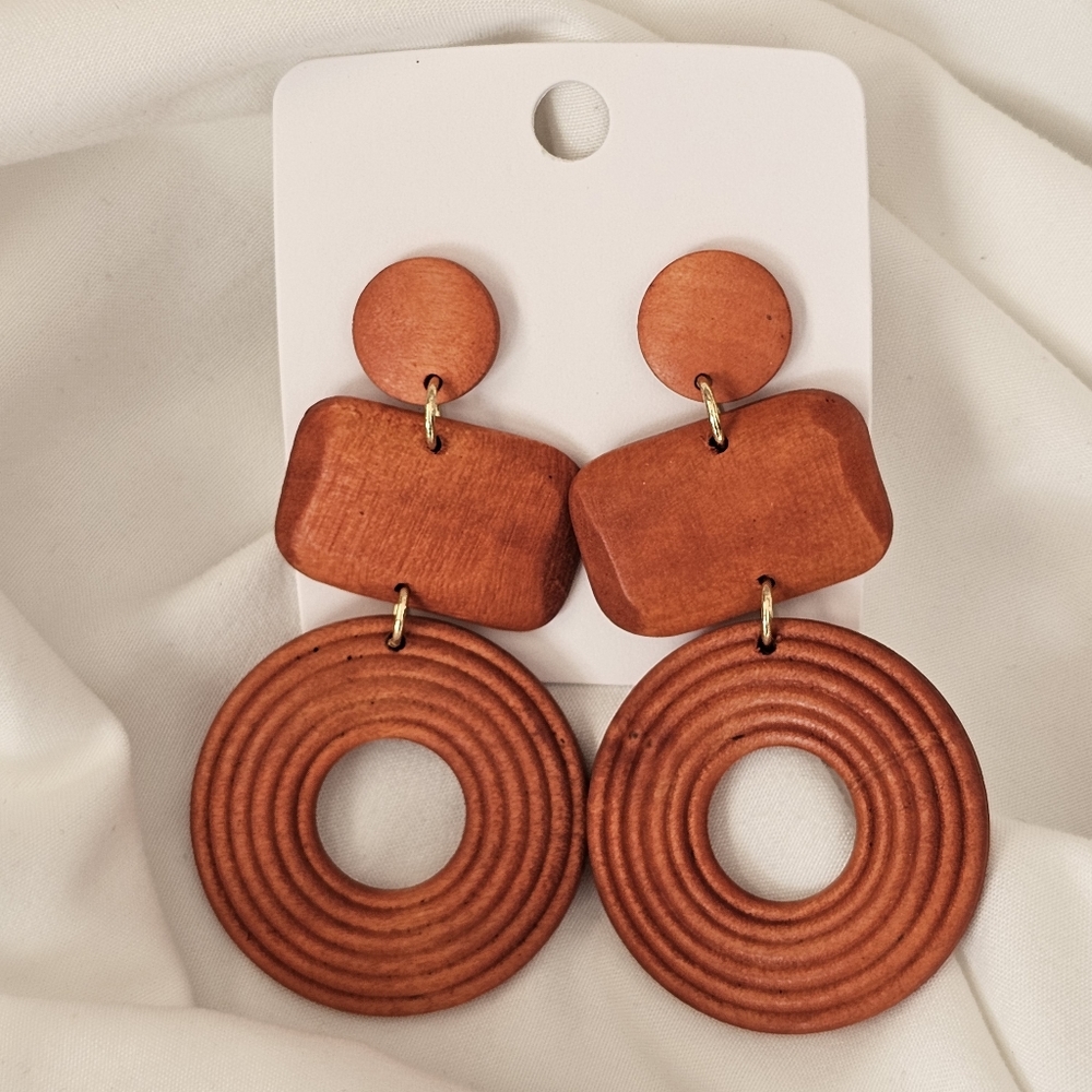 Geometric abstract carved wooden large drop dangle earrings tiered brown